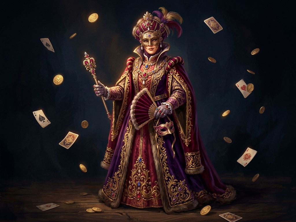 Regal masked figure with gold-trimmed velvet attire